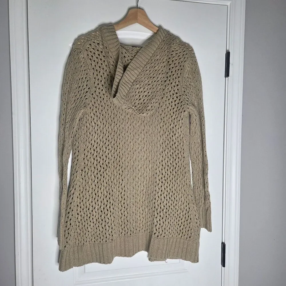 It's Our Time Open Knit Hooded Cardigan Tan Size M